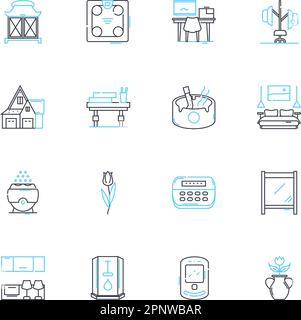 Contient un ensemble d'icônes linéaires. Confortable, spacieux, moderne, victorien, rustique, Charmant, élégant vecteur de ligne et signes de concept. Cadre pittoresque, lumineux et luxueux Illustration de Vecteur