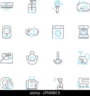 Ensemble d'icônes linéaires de la société de nettoyage. Désinfection, désinfection, rangement, organisation, habillage, Purification, Scrubbing Line vecteur et concept signes Illustration de Vecteur