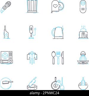 Ensemble d'icônes linéaires de sellerie. Évier, vaisselle, propreté, ustensiles, batterie de cuisine, Pots, PAN vecteur de ligne et signes de concept. Cuisinière, comptoirs, contour de tablier Illustration de Vecteur