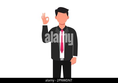 Business Flat dessin de style dessin de dessin homme d'affaires montrant le signe OK avec les mains. Heureux satisfait Manager masculin gestant tout droit, d'accord avec les doigts, appro Banque D'Images