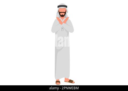 Business Flat style dessin animé dessin homme d'affaires arabe avec bras de croisement et ne disant aucun geste. Homme en forme de X, signe d'arrêt avec les mains et négatif Banque D'Images