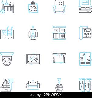 Tableau icônes linéaires ensemble. Bureau, Meubles, surface, poste de travail, salle à manger, Café, vecteur de ligne latérale et signes de concept. Console,fin,plan de pique-nique Illustration de Vecteur