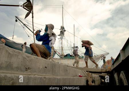 Un employé boit de l'eau dans une bouteille en plastique alors qu'il prend une pause pour transporter des sacs de ciment d'un camion sur un navire phinisi au port traditionnel de Sunda Kelapa à Penjaringan, dans le nord de Jakarta, Jakarta, en Indonésie. Le changement climatique exposera de plus en plus les travailleurs extérieurs au stress thermique et à la réduction de la capacité de main-d'œuvre, selon le rapport de 2023 publié par le Groupe d'experts intergouvernemental sur l'évolution du climat (GIEC), intitulé "changement climatique 2022: Impacts, adaptation et vulnérabilité". Banque D'Images