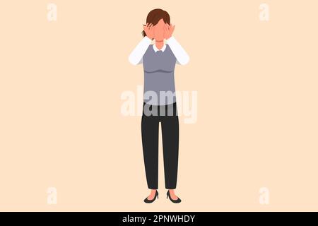 Business Flat style dessin dessin dessin animé déprimé femme d'affaires debout et tenant la tête, sensation de mal de tête. Trouble dépressif, tristesse. Stress dû à ec Banque D'Images
