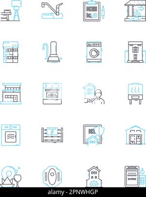 Ensemble d'icônes linéaires pour le marché de l'hébergement. Hôtellerie, Hébergement, Hôtels, Resorts, Motels, Inns, Hostels vecteur ligne et signes de concept. Locations de vacances Illustration de Vecteur