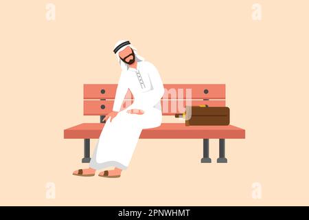 Le dessin d'un appartement d'affaires triste homme d'affaires arabe déprimé assis au banc seul. Homme souffrant de dépression, expérience de licenciement, difficile l Banque D'Images