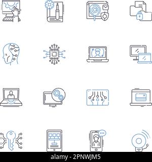 Collection d'icônes de ligne lisibles par machine. Code-barres, code QR, RFID, OCR, données, Scanner, vecteur d'automatisation et illustration linéaire. Encodage,numérique Illustration de Vecteur