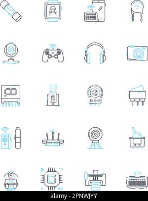 Ensemble d'icônes linéaires de cyber-systématisation. Sécurité, Nerk, automatisation, intégration, interface, Analyses, vecteur de ligne d'efficacité et signes de concept Illustration de Vecteur