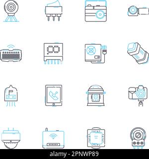Ensemble d'icônes linéaires de cyber-systématisation. Sécurité, Nerk, automatisation, intégration, interface, Analyses, vecteur de ligne d'efficacité et signes de concept Illustration de Vecteur