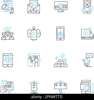 Appuyez sur ensemble d'icônes linéaires récapitulatives. Briefing, Présentation, Récapitulatif, Digest, condensé, Synopsis, vecteur de ligne abstrait et signes conceptuels. Revue,faits saillants Illustration de Vecteur