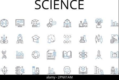 Collection d'icônes de la ligne scientifique. Mathématiques, chimie, physique, astronomie, géologie, Biologie, vecteur d'écologie et illustration linéaire. Génétique,météorologie Illustration de Vecteur