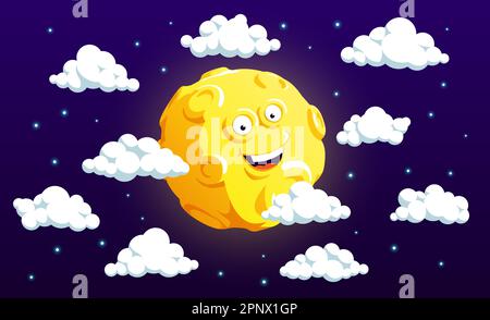 La Lune avec un visage drôle parmi les nuages et les étoiles Illustration de Vecteur