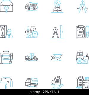 Ensemble d'icônes linéaires des constructeurs. Construction, rénovation, encadrement, menuiserie, maçonnerie, Plomberie, vecteur de ligne électrique et panneaux conceptuels. Toiture,revêtement de sol Illustration de Vecteur