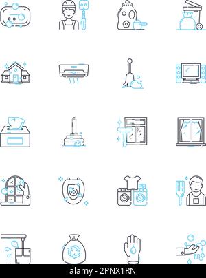Jeu d'icônes linéaires de nettoyage domestique. Femme de ménage, poussière, passer l'aspirateur, laver, balayer, Nettoyage, désinfection du vecteur de ligne et des signes conceptuels. Organisation Illustration de Vecteur