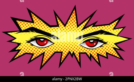 Les yeux rouges piquent d'une fissure dans le mur, le style manga. Image vectorielle des yeux et des sourcils, séparée de l'arrière-plan. Illustration de Vecteur