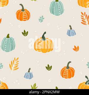 Mignon main citrouille dessin horizontal sans couture motif, citrouilles dessinées à la main - super comme fond de Thanksgiving, textiles, bannières, papiers peints, emballage - Illustration de Vecteur