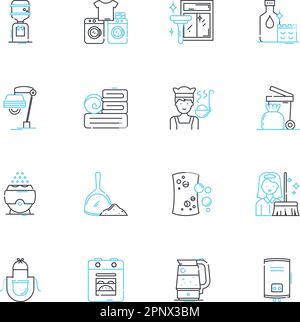 Jeu d'icônes linéaires de nettoyage domestique. Femme de ménage, poussière, passer l'aspirateur, laver, balayer, Nettoyage, désinfection du vecteur de ligne et des signes conceptuels. Organisation Illustration de Vecteur