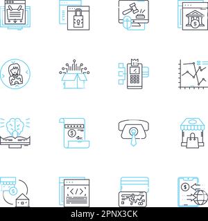 Ensemble d'icônes linéaires de la technologie financière. Crypto-monnaie, blockchain, Bitcoin, fintech, numérique, Mobile, vecteur de ligne de paiement et signes conceptuels Illustration de Vecteur