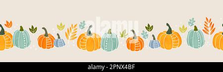 Mignon main citrouille dessin horizontal sans couture motif, citrouilles dessinées à la main - super comme fond de Thanksgiving, textiles, bannières, papiers peints, emballage - Illustration de Vecteur