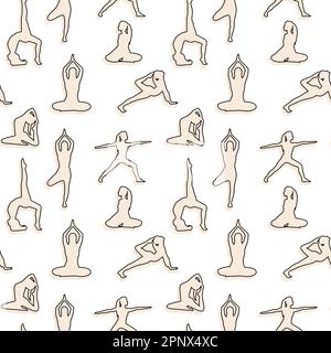 Motif sans couture avec silhouettes de filles faisant du yoga. Le concept du sport, de la santé mentale. Collection d'autocollants. Image vectorielle. Illustration de Vecteur