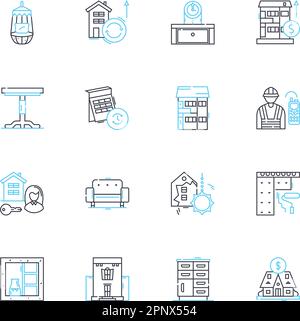 Ensemble d'icônes linéaires de l'industrie de l'ameublement. Tissus d'ameublement, tissus, décor, design, éclairage, Tableaux, chaises, vecteur de ligne et signes de concept. Canapés, armoires Illustration de Vecteur