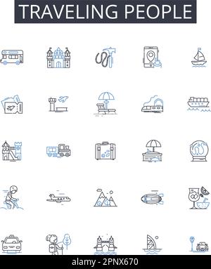 Collection d'icônes de la ligne de voyageurs. Nomades itinérants, amateurs de Wanderlust, voyageurs explorant, touristes aventureux, voyages en jet-setting Illustration de Vecteur