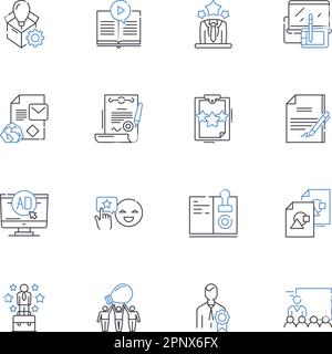 Collection d'icônes de ligne de publicité PPC. AdWords, Bing, clicks, conversions, coûts, Taux de clics CTR, vecteur de score de qualité et illustration linéaire Illustration de Vecteur