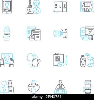 Jeu d'icônes linéaires de jeux numériques. Consoles, aventure, multijoueur, graphiques, vidéo, Stratégie, vecteur de ligne eSports et signes de concept. Musique, fantaisie Illustration de Vecteur