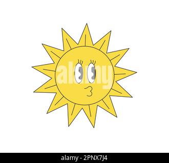 Style rétro et groovy, caractère fou du soleil. Hippie psychédélique ancienne mascotte solaire drôle. Abstrait vintage hippy brillant sticker smiley. Style branché Y2K pop culture souriant ensoleillé. Imprimé vectoriel trippy Illustration de Vecteur