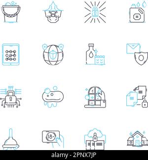 Désinfection du jeu d'icônes linéaires. Désinfection, stérilisation, nettoyage, élimination des germes, décontamination, Antimicrobien, vecteur de ligne purifiante et concept Illustration de Vecteur