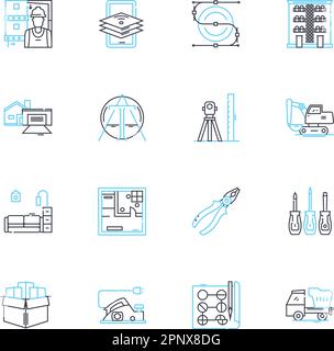 Ensemble d'icônes linéaires de construction. Toiture, revêtement de sol, isolation, fenêtres, portes, Plafonds, murs vecteur de ligne et signes de concept. Colonnes,poutres,briques Illustration de Vecteur