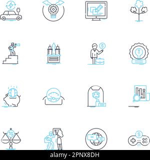 Jeu d'icônes linéaires du commerce international. Change, Import, Export, Tarifs, Douanes, Chaîne d'approvisionnement, vecteur de la ligne de libre-échange et signes conceptuels. Commerce Illustration de Vecteur