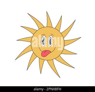 Rétro groovy soleil caractère fou montrer la langue. Hippie psychédélique ancienne mascotte solaire drôle. Autocollant abstrait vintage Hippy Smiley. Branché Y2K pop culture sourire hipster ensoleillé symbole. Imprimé vectoriel trippy Illustration de Vecteur