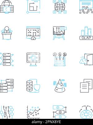 Ensemble d'icônes linéaires de recherche marketing. Enquête, analyse, marquage, attitude, données démographiques, Consommateur, vecteur de ligne de comportement et signes de concept. Mise au point Illustration de Vecteur