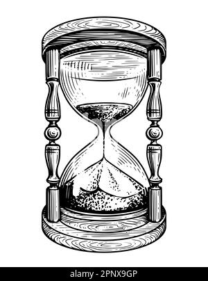 Croquis de HourGlass. Verre de sable vintage dans le style de la gravure ancienne. Concept temps, compte à rebours, date limite. Illustration vectorielle Illustration de Vecteur