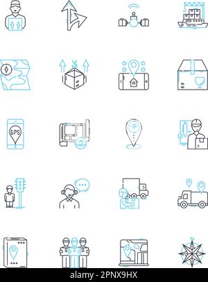 Ensemble d'icônes linéaires de distribution et de transfert. Logistique, expédition, importation, exportation, transport, Routage, vecteur de ligne de pipeline et signes conceptuels Illustration de Vecteur
