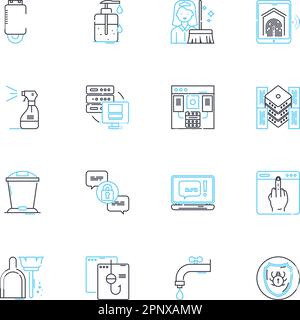 Nettoyage de l'ensemble d'icônes linéaires. Propreté, stérilisation, désinfection, hygiène, purification, Antibactérien, vecteur de ligne sans germe et signes de concept Illustration de Vecteur