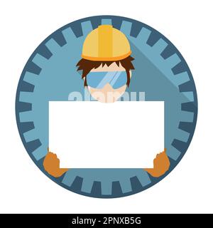 Travailleur portant une affiche vierge, portant des gants de travail, un casque et des lunettes de sécurité, à l'intérieur d'un bouton avec équipement. Modèle de style plat et motif ombre longue Illustration de Vecteur