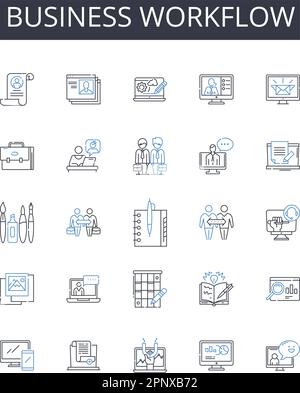 Collection d'icônes de lignes de flux de travail d'entreprise. Processus de travail, route des tâches, procédure de travail, flux de production, cycle des opérations, Séquence d'entretien, opérationnel Illustration de Vecteur