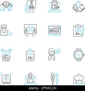 Ensemble d'icônes linéaires de gestion clinique. Diagnostic, traitement, patient, thérapie, médicament, Évaluation, vecteur de la lignée pathologique et signes conceptuels. Soins Illustration de Vecteur