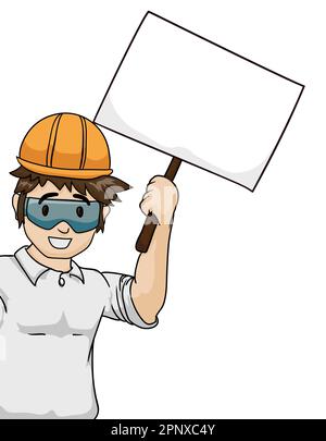 Brunette souriante homme ouvrier de construction avec casque de sécurité, lunettes de sécurité et chemise blanche, tenant une bannière vierge avec mât en bois. Modèle dans cartoo Illustration de Vecteur