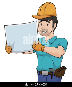 Homme souriant ouvrier de construction portant un paquet de fanny, des gants de travail et un casque de dur pendant qu'il tient un morceau de papier vierge. Modèle de style dessin animé. Illustration de Vecteur