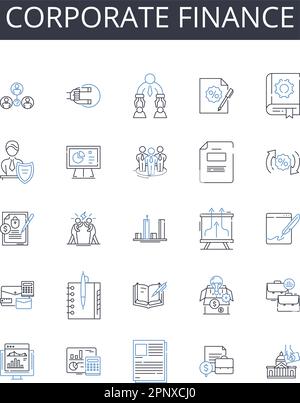 Collection d'icônes de la ligne de financement d'entreprise. Gestion des affaires, planification financière, banque d'investissement, analyse économique, principes comptables, Marché Illustration de Vecteur