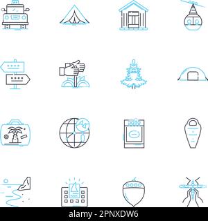 Jeu d'icônes linéaires Desert Treks. Dunes, chameaux, Oasis, sable, Mirage, Aventure, vecteur de ligne de chaleur et signes de concept. Nomad,Trek,Arid contour Illustration de Vecteur