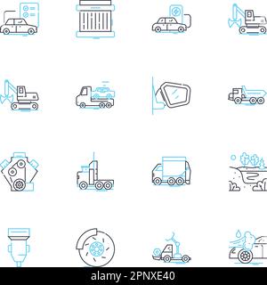 Jeu d'icônes linéaires de l'industrie du service automatique. Mécanique, réparations, entretien, diagnostic, alignement, Huile, pneus, vecteur de gamme et signes conceptuels. Freins Illustration de Vecteur