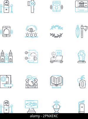 Jeu d'icônes linéaires d'archive. Référentiel, Collection, conservation, stockage, Catalogue, Catalogue, Enregistrer le vecteur de ligne et les signes conceptuels. Bibliothèque,Inventaire Illustration de Vecteur