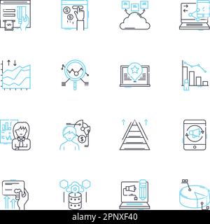Ensemble d'icônes linéaires de publicité à plusieurs niveaux. Pyramide, Downline, Nerk, distributeur, commission, Rémunération, vecteur de ligne de recrutement et signes conceptuels. Ventes Illustration de Vecteur