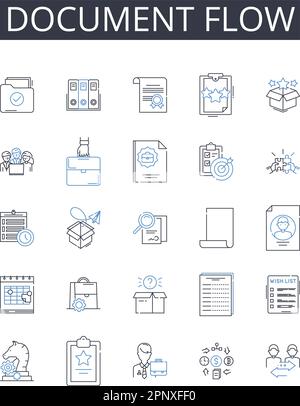 Collection d'icônes de lignes de flux de documents. Gestion des flux de travail, flux d'informations, processus métier, séquence de tâches, organigramme de processus, Pipeline de données Illustration de Vecteur
