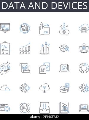 Collecte d'icônes de ligne de données et de périphériques. Information et gadgets, Statistiques et outils, faits et équipement, Figures et instruments, dossiers et machines Illustration de Vecteur