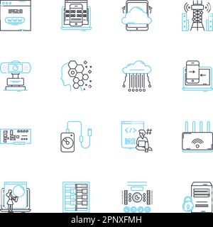 Ensemble d'icônes linéaires du processeur d'informations. Processeur, ordinateur, données, logiciel, algorithme, Stockage, vecteur de ligne de mémoire et signes de concept. Programme Illustration de Vecteur